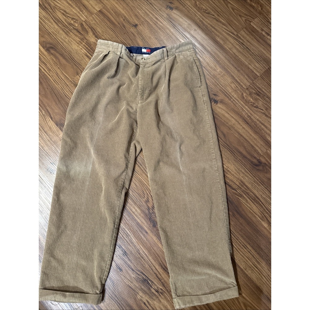 Vintage Tommy Hilfiger Corduroy Pants Men's Tan Pleated Relaxed Fit Size 38x32
